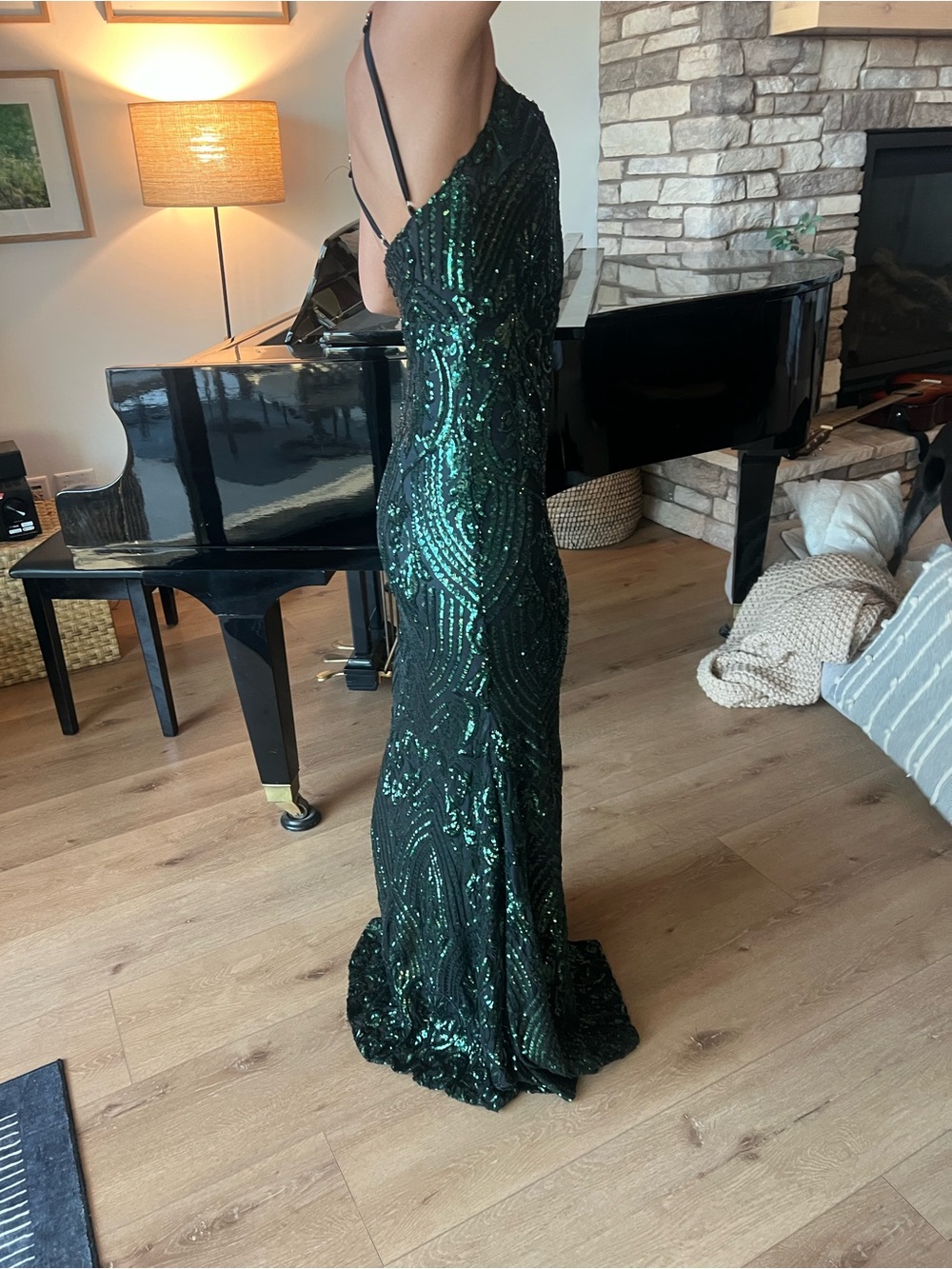 Emerald Green Sequin Strap Evening Gown with Thigh Slit - Picture 4 of 4